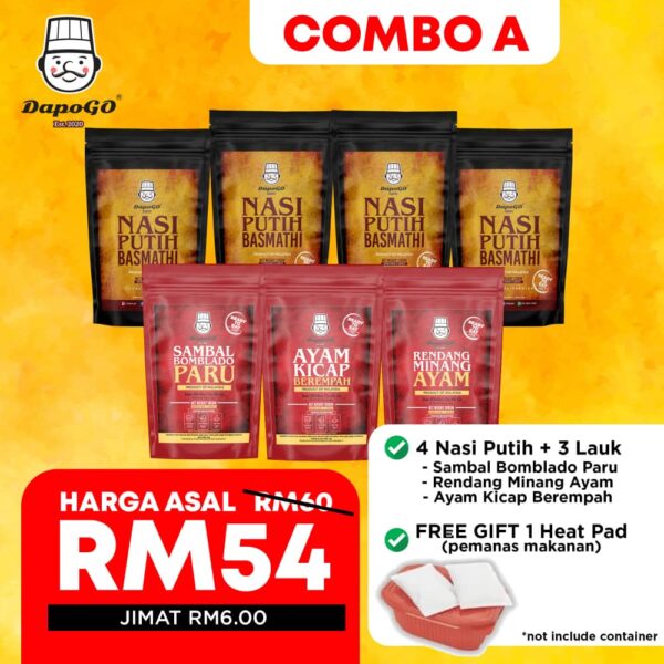 Set Kombo A - 4 Pek Nasi Putih Basmathi + 3 Lauk Padu Selera Kampung (2026)