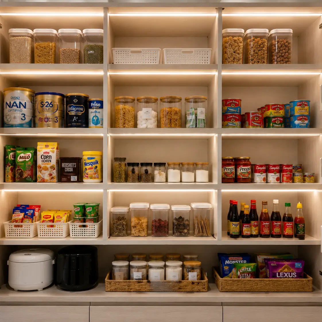 Rak pantri dapur yang tersusun dengan bekalan makanan