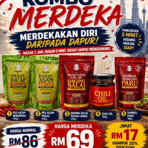 🇲🇾 KOMBO MERDEKA DAPOGO RM69 🇲🇾 🇲🇾 69 Tahun Malaysia Merdeka... Bila pula nak merdekakan diri daripada dapur? Masak 2 jam. 🍳 Makan 5 minit. 🍽️ Lepas tu... basuh periuk, kuali & pinggan sampai menggunung. 😩 Dengan Kombo Merdeka DapoGo, anda cuma perlu panaskan, hidang dan nikmati! 📦 Dalam Kombo Merdeka (5 Produk) ✅ Pes Kicap Berempah 400g ✅ Pes Asam Pedas 400g ✅ Daging Salai Masak Lomak 250g ✅ Chili Oil 150g ✅ Sambal Paru 180g 💰 Harga Normal: RM86 🔥 Harga Merdeka: RM69 SAHAJA 🎉 Jimat RM17 (Hampir 20%) 🎁 BONUS CABUTAN BERTUAH HARI MALAYSIA 🇲🇾 Setiap pembelian Kombo Merdeka dari 1 Ogos hingga 15 September akan melayakkan anda menyertai Cabutan Bertuah Hari Malaysia. Pemenang diumumkan pada 16 September 2026. Lagi banyak kombo dibeli, lagi banyak penyertaan diterima! 🛒 ORDER SEKARANG 📲 WhatsApp Katalog https://wa.me/c/601155013391⁠ 🌐 Website Rasmi DapoGo www.dapogo.com⁠ ⏳ Promosi sah sehingga 15 September 2026 atau selagi stok masih ada! #KomboMerdeka #DapoGo #MerdekakanDiriDaripadaDapur #ReadyToEat #RasaKampung #Malaysia69 #HariMalaysia #JimatMasa #JimatTenaga #DapoGoFood