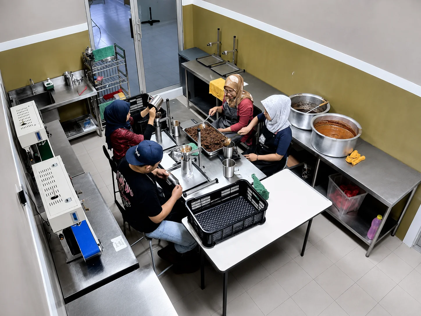 DapoGo staff filling retort pouches from pots of rendang and sambal at the Melaka Halal Hub factory